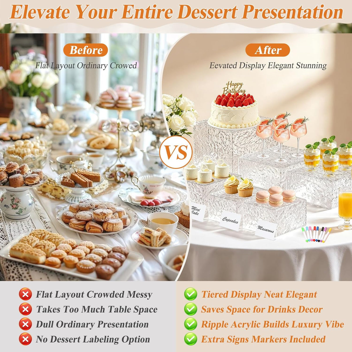 Acrylic Buffet Risers with Mini Sign and Maker, Clear Hammered Water Ripple Dessert Display Stands for Catering Cakes