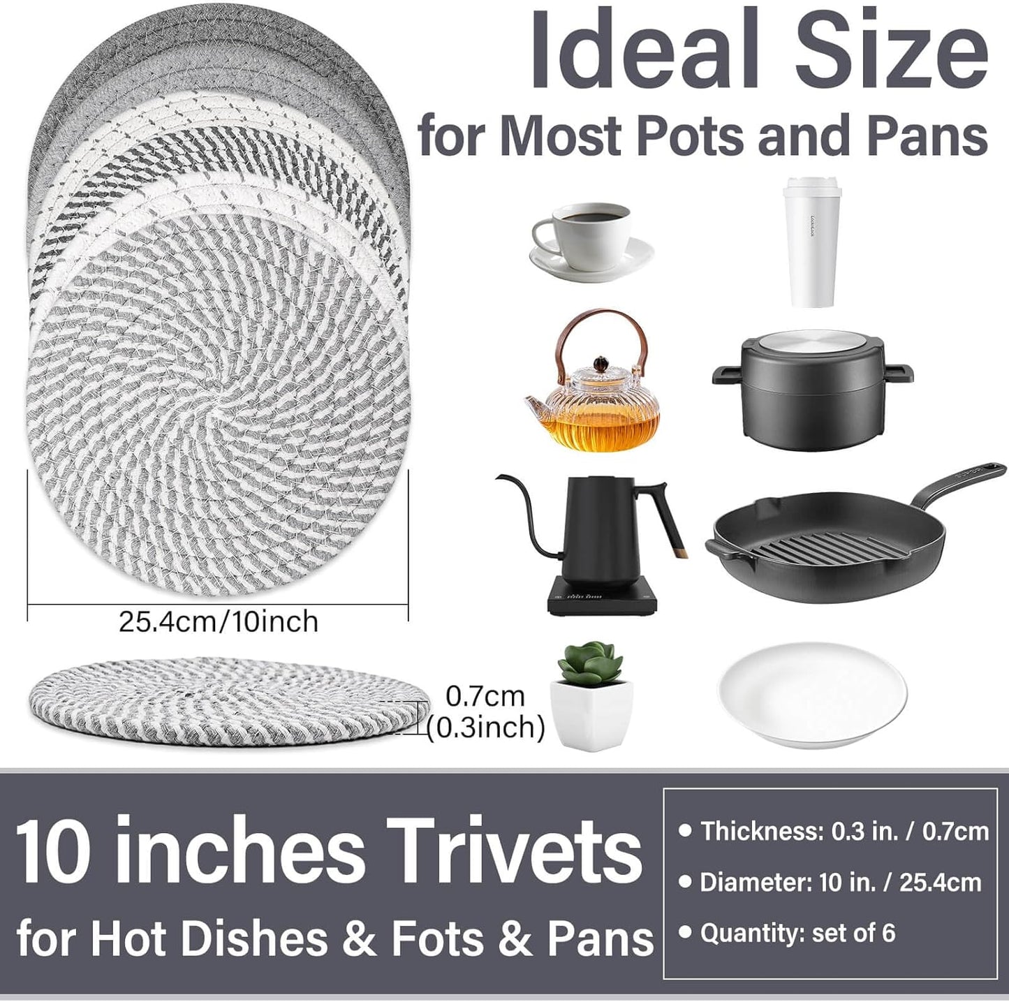 Billbotk 10" Trivets for Hot Dishes, Hot pots and Pans, Set of 6, Heat Resistant Pot Holders for Kitchen, Hot Pads for