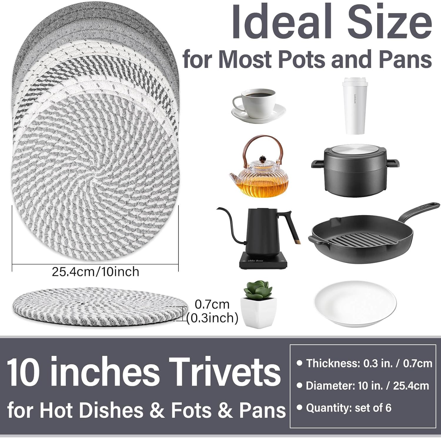 Billbotk 10" Trivets for Hot Dishes, Hot pots and Pans, Set of 6, Heat Resistant Pot Holders for Kitchen, Hot Pads for