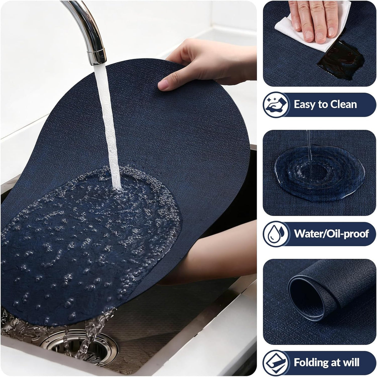 Placemats Set of 6, 11.8 x 17 Inch, Navy | Heat Resistant Oval Faux Leather Place Mats, Waterproof Wipeable Reversible