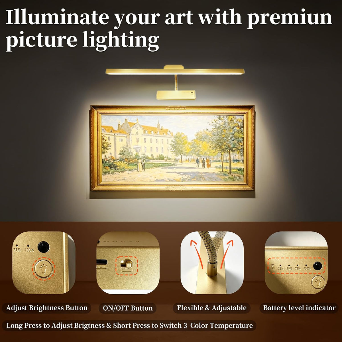 MIOBLUE Picture Light for Wall, 4800mAh Rechargeable Wireless Remote, 15in Dimmable Timer LED Art Display Light with 3