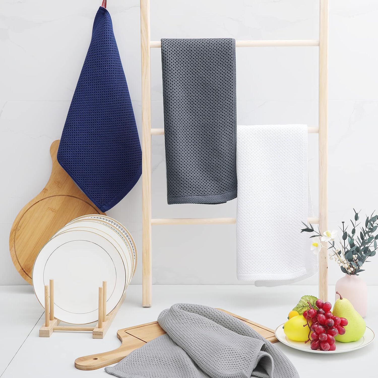 Homaxy 100% Cotton Waffle Weave Kitchen Dish Towels 8-Pack, Light Gray | 13 x 28 Inches, Ultra Soft Absorbent Dish