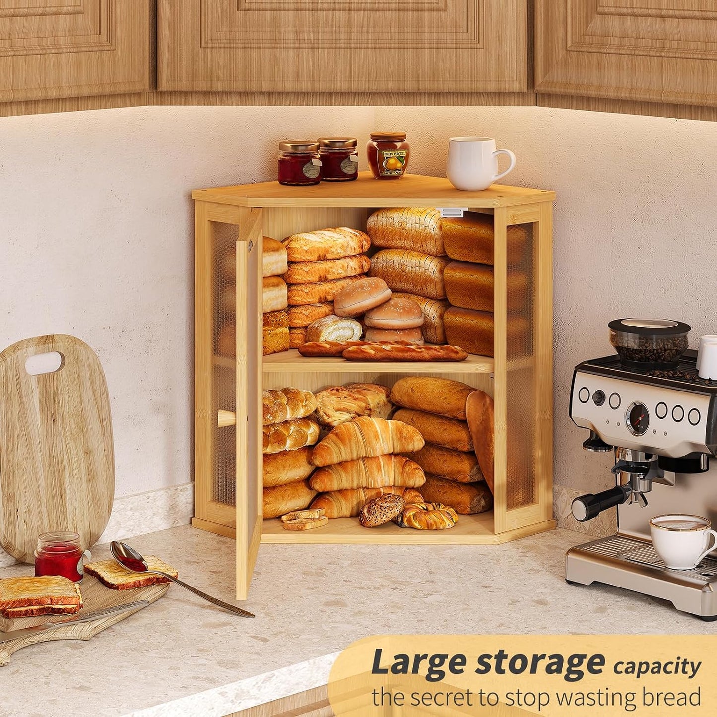 Corner Bread Box for Kitchen Countertop,Bread Storage for Homemade Bread, Double Layer Large Bamboo Kitchen Storage Bin