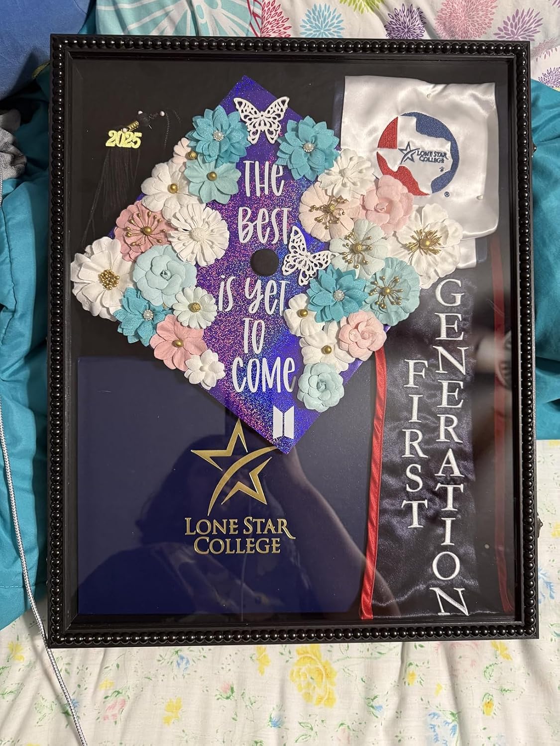 FramePro Large Shadow Box Black 16x20 Front Open with Hinge Beaded Designed, Graduation Cap and Gown Picture Keepsake