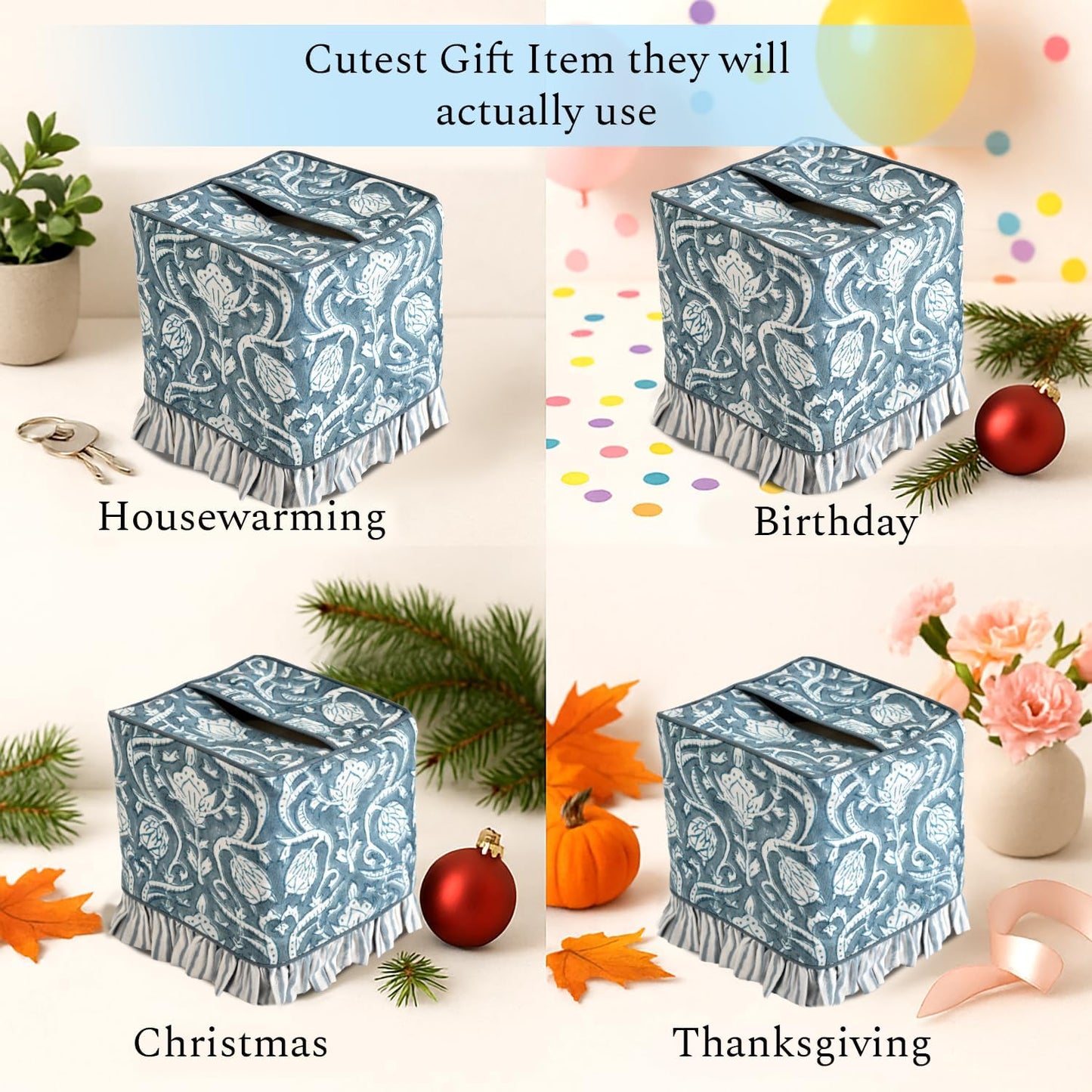 CPC Hand Block Print Cotton Ruffle Tissue Box Cover " Decorative / Azure Regal / 4.5 x 4.5 x 5