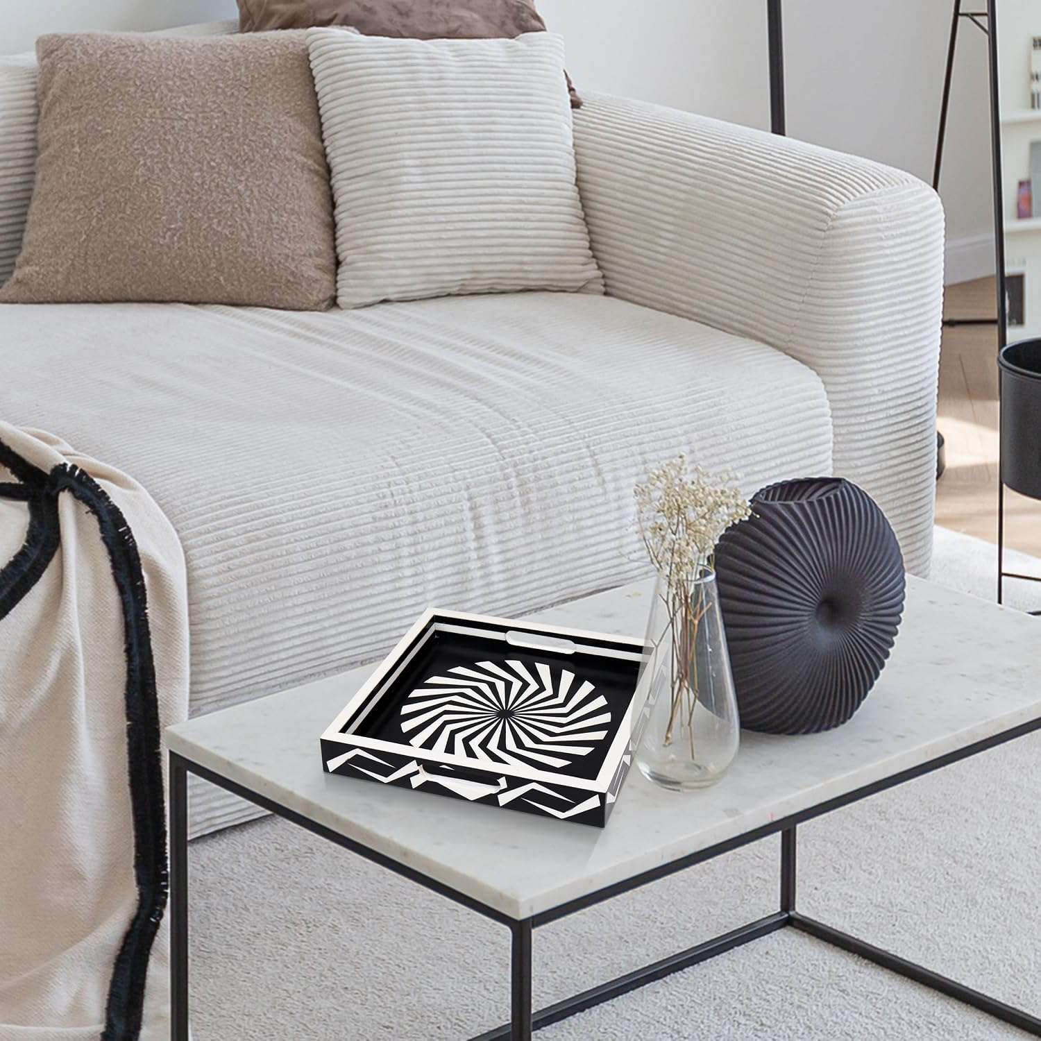 Ottoman Tray / White Decorative Tray / 12 x 12 x 1.5 / Illusion Optic / Black