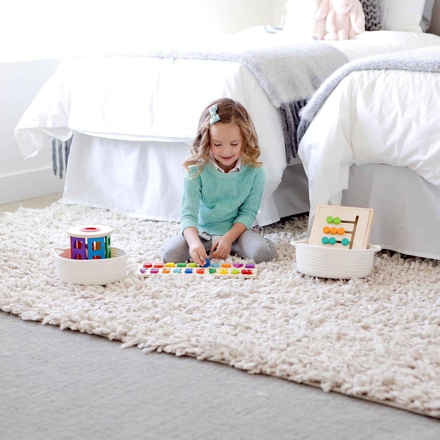 5-Piece Round Woven Cotton Rope Storage Baskets for Organizing / Off White