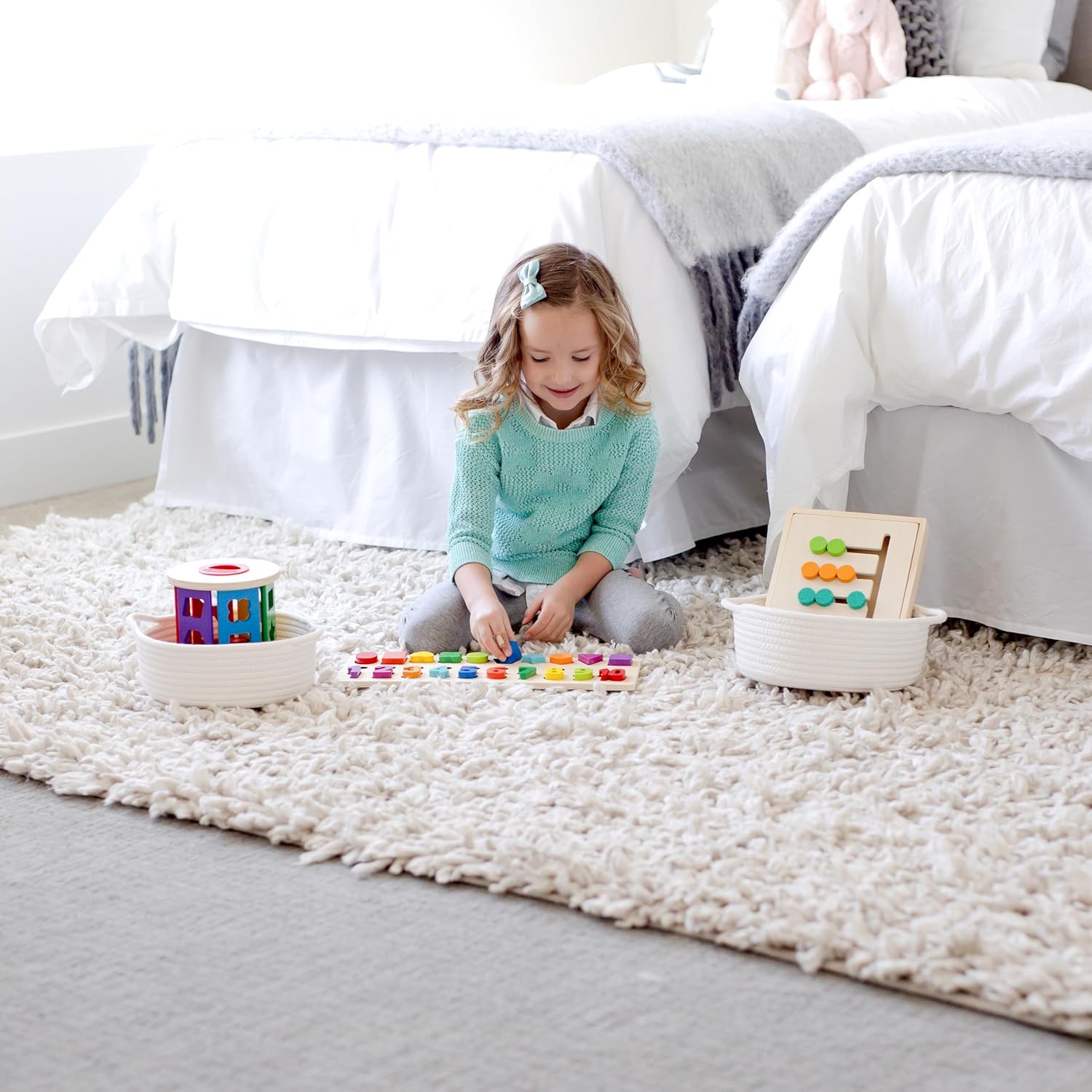 5-Piece Round Woven Cotton Rope Storage Baskets for Organizing / Off White