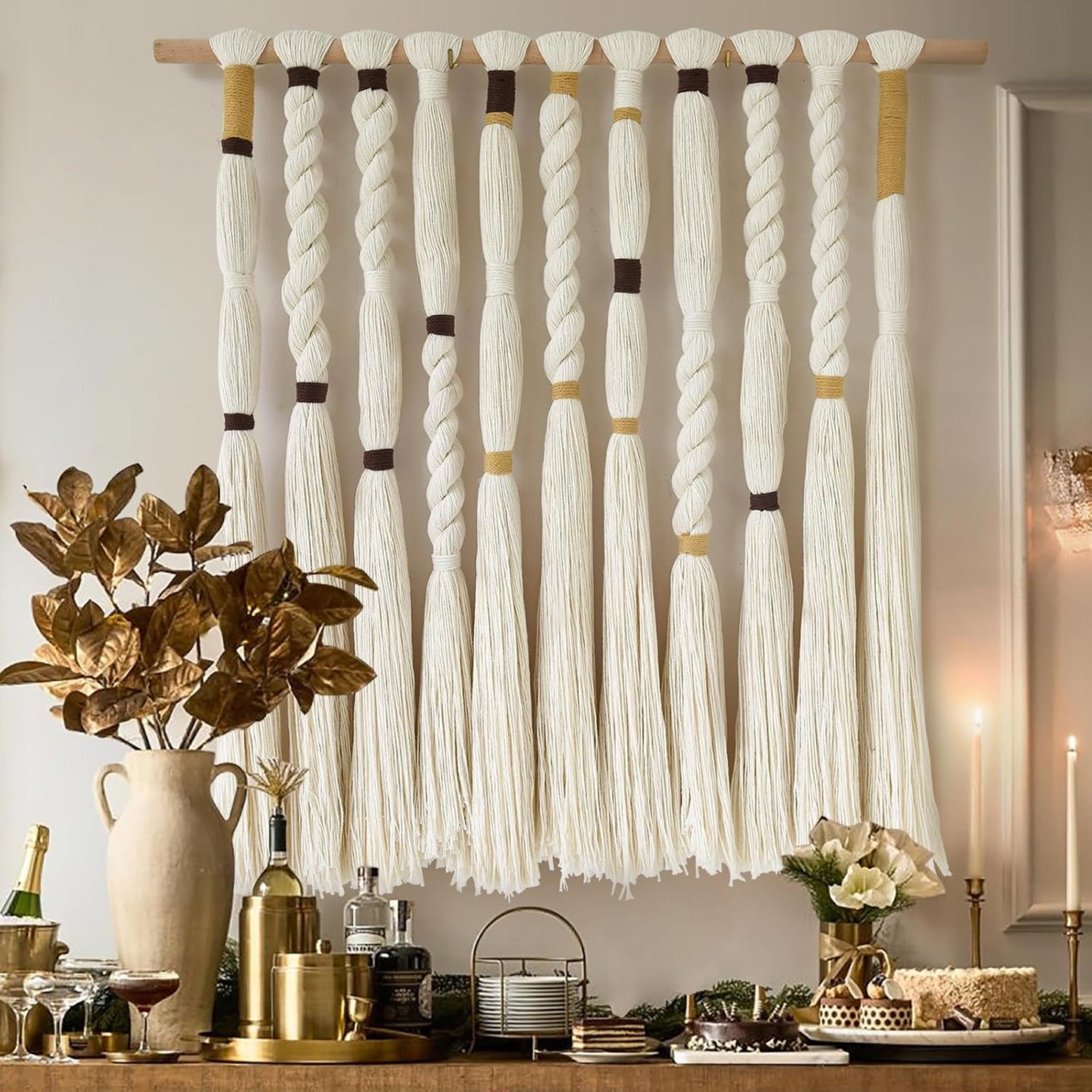 Macrame Wall Hanging Woven Knot and Tassel Fringe Handmade Boho Wall Art / Ivory3