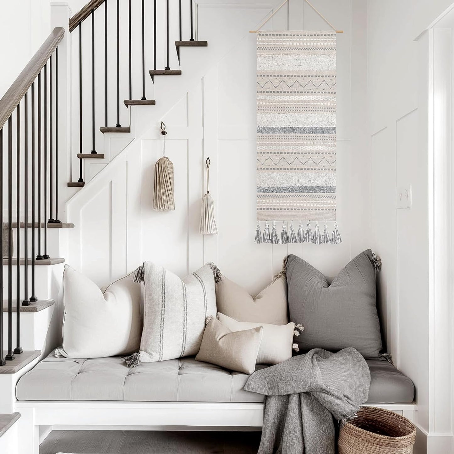 Long Vertical Wall Hanging Tapestry Woven Boho Farmhouse Decor Cream Tassel Handmade Wall Art / Gray