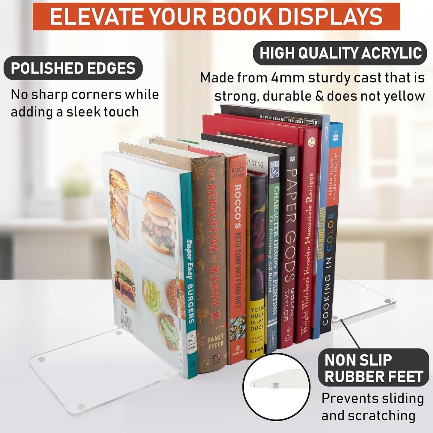 Acrylic Bookends / 4mm Heavy-Duty Non-Skid Holders for DVDs / Clear