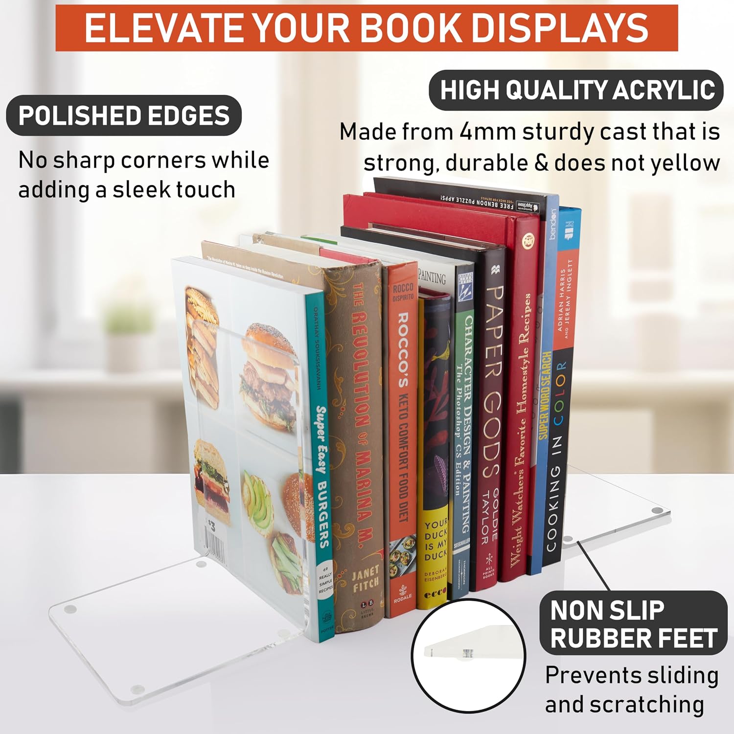 Acrylic Bookends / 4mm Heavy-Duty Non-Skid Holders for DVDs / Clear