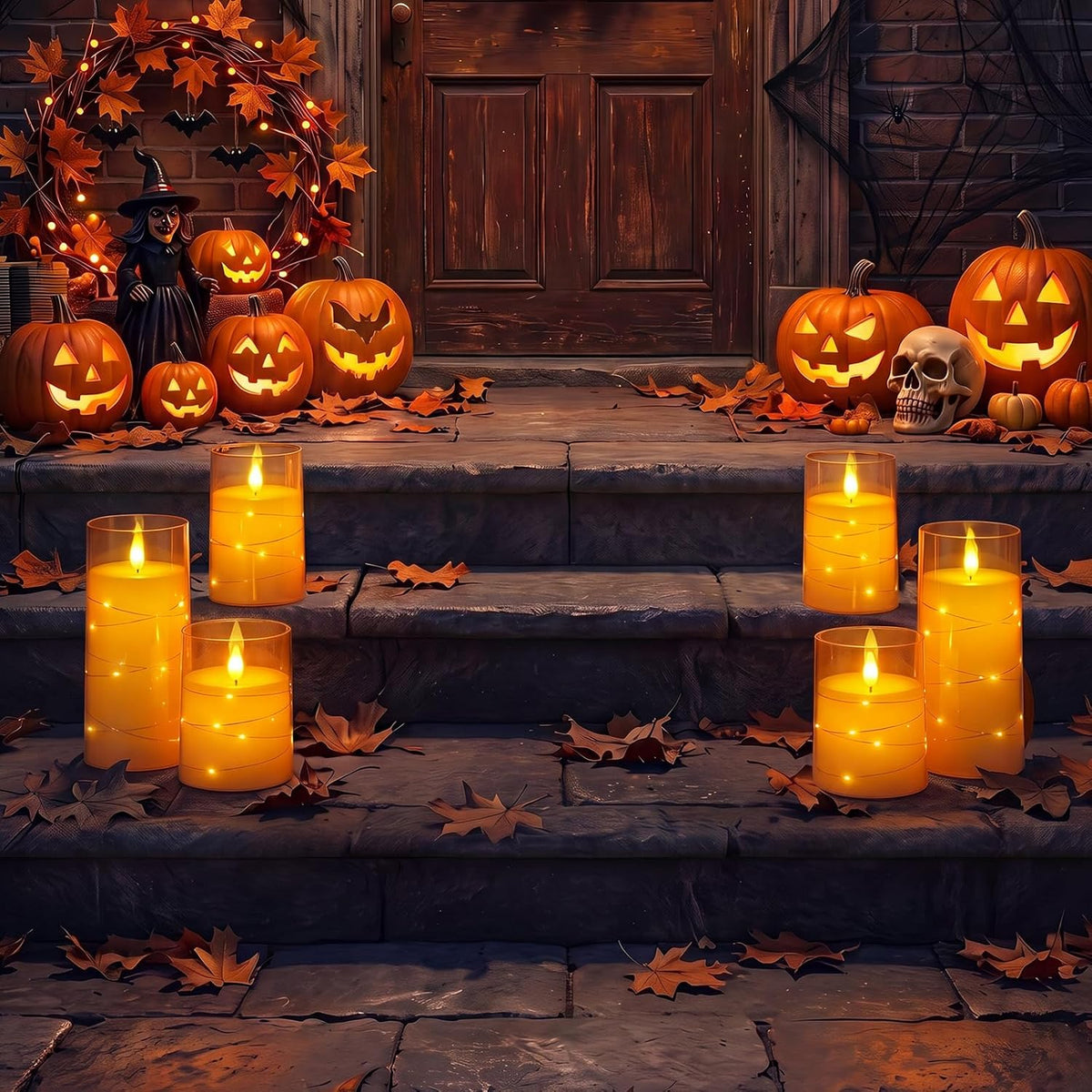 Homemory Halloween Flameless Candles, Orange LED Pillar Candles, Fall Decor | Acrylic Flickering Battery Operated