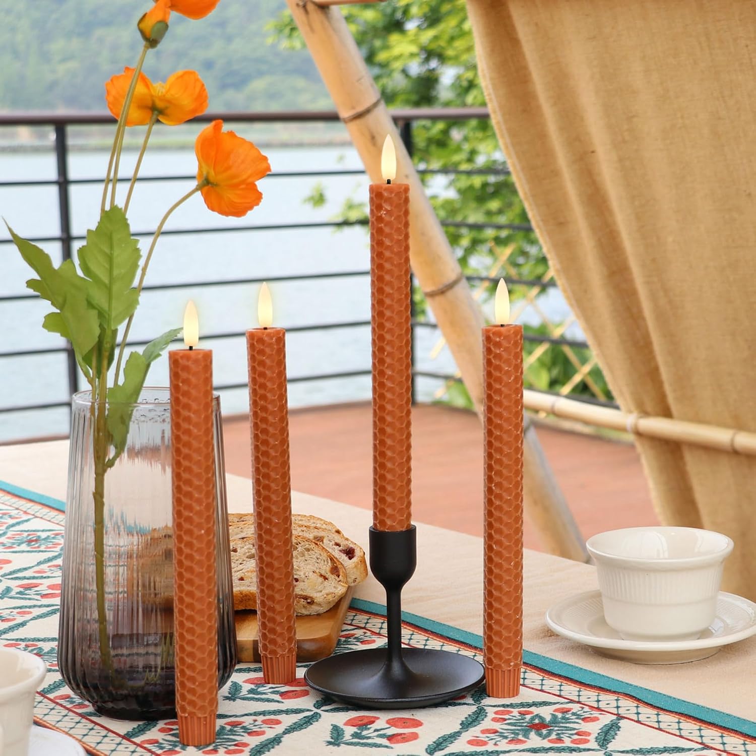 Honeycomb Flameless Taper Candles in Terracotta with Timer, Wax Finished Battery Operated Led Candles for Halloween