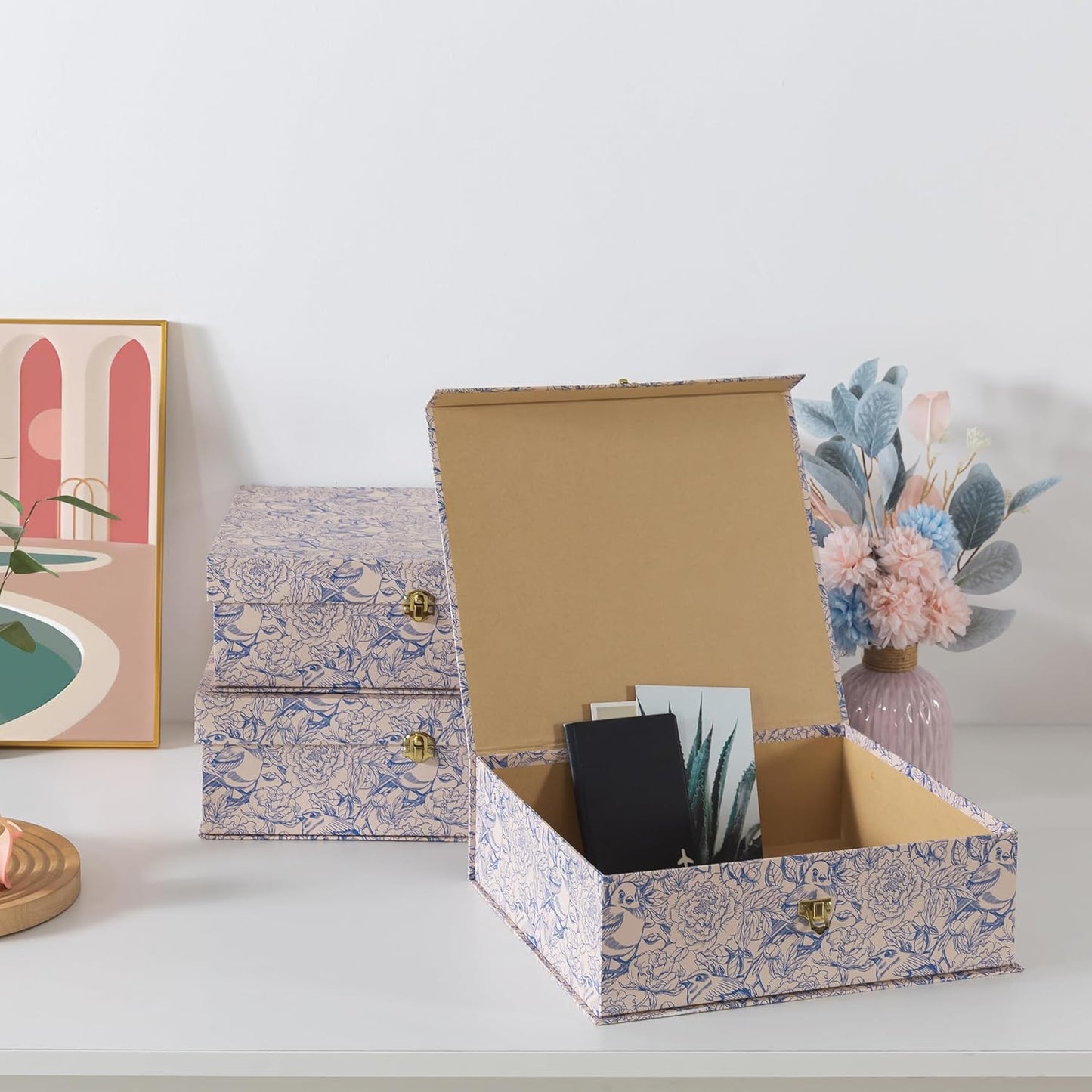 White Floral Cardboard Decorative Storage Boxes / Aviary Garden / Blue / Set of 3