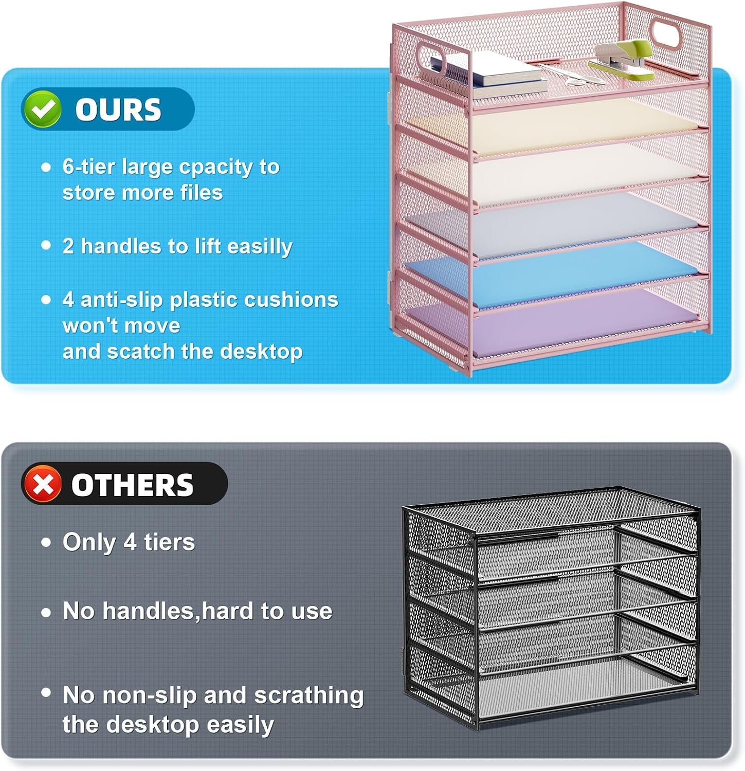 Marbrasse 2 Pack Desk Organizer with Handle, 6 Tier Paper Letter Tray, Mesh Desk File Organizer for Office, School and