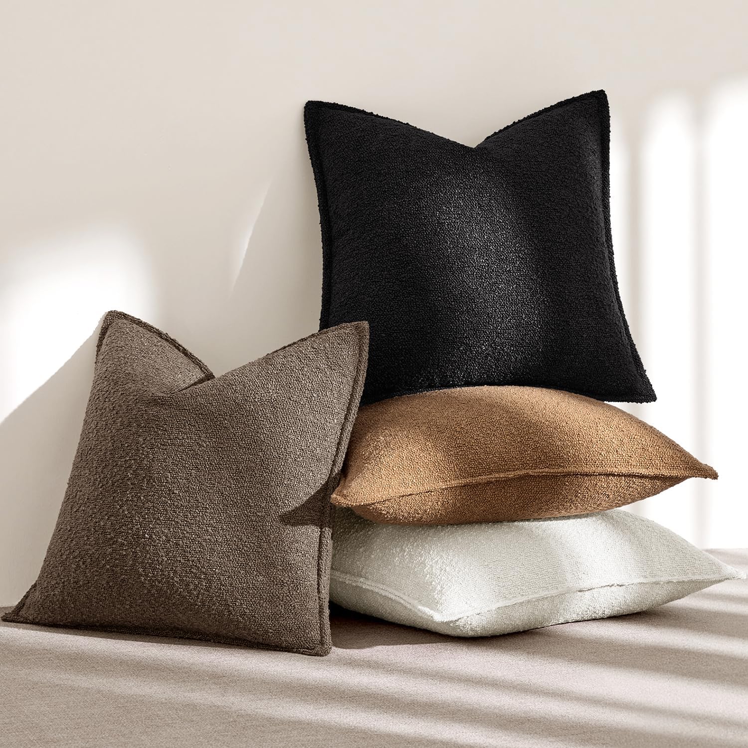 Decorative Textured Boucle Throw Pillow Covers Broadside Thick Boho / 18 x 18 / Brown / Set of 2
