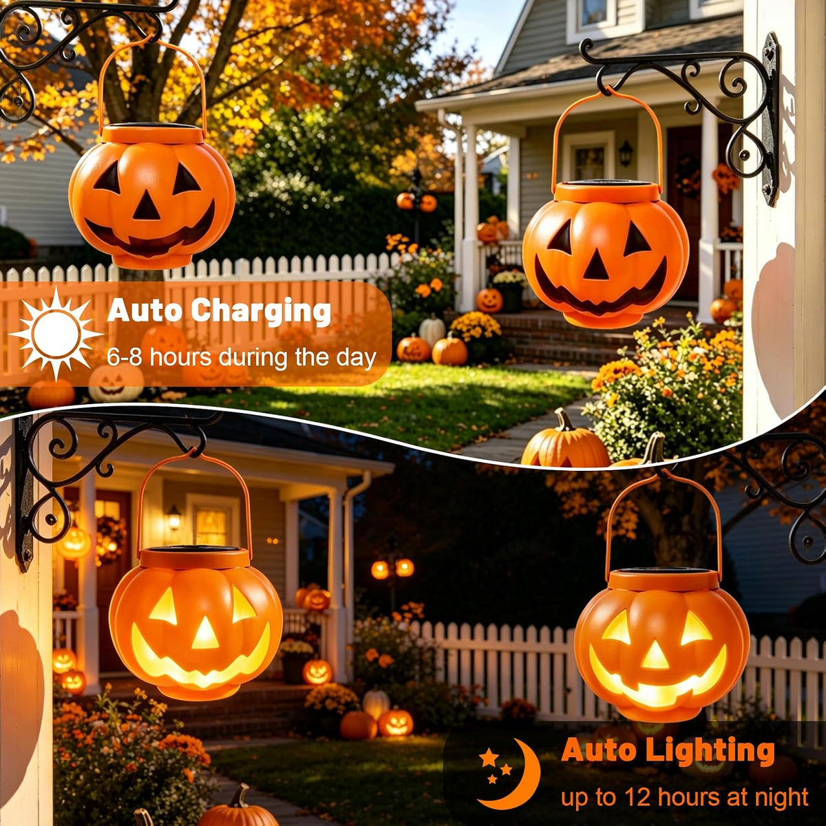 BRIGHTDECK Halloween Pumpkin Solar Lanterns 2 Pack, Jack O Lantern Pumpkin Lights for Halloween Decorations Outdoor