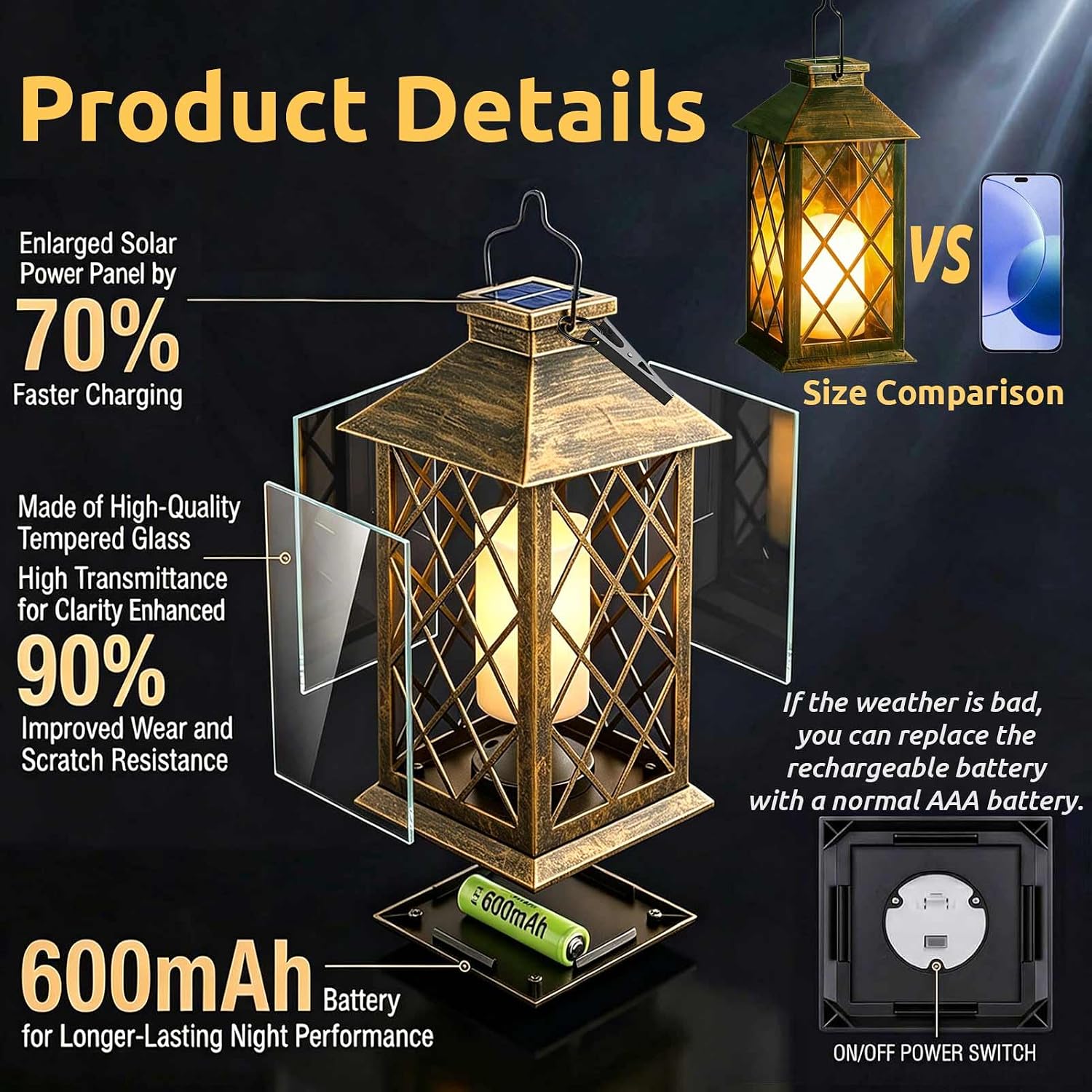 2 Pack 9" Medium Tempered Glass Solar Lanterns Outdoor Waterproof | Hanging Solar Lights with Flickering Flameless