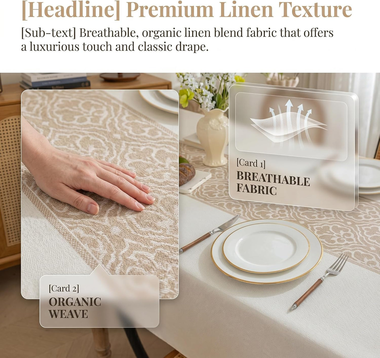 Boho Faux Linen Tablecloth, Rectangle Vintage Geometric Cover | Spillproof & Wrinkle Free Minimalist Center Table Cloth