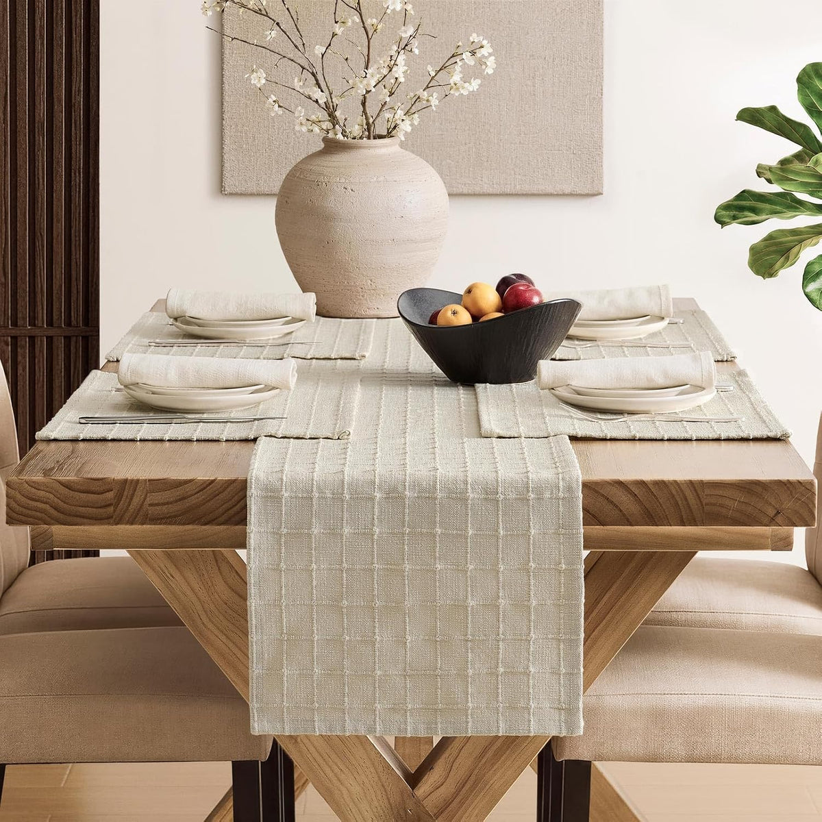 Artisanal Grid Decorative Linen Placemats Set of 6, Neutral Beige | Thick Heavy Textured Washed Linen Place Mats