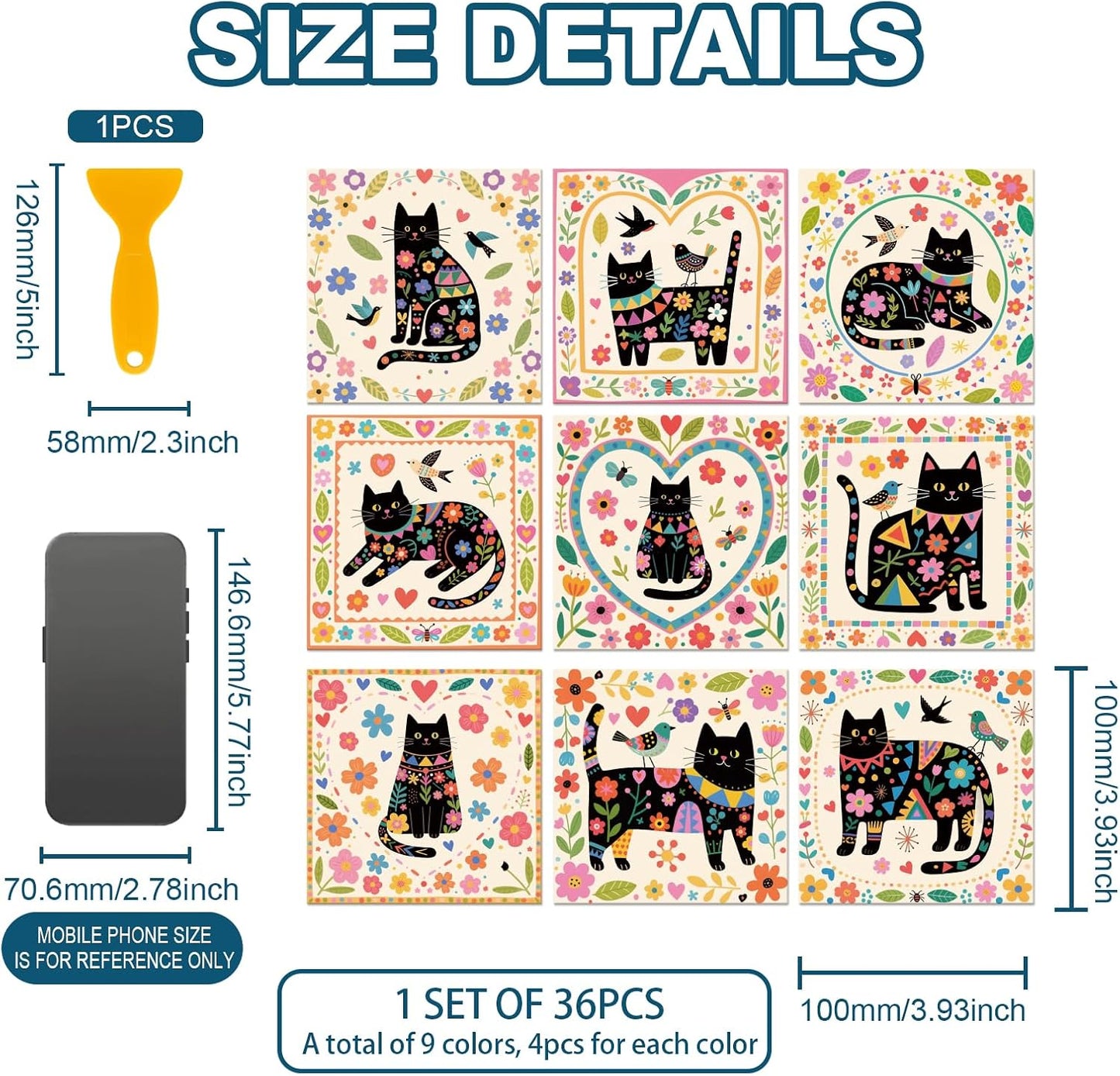 9 Style Tile Stickers Artistic Flowers Peel and Stick Wall Stickers / Black Cats / Set of 36