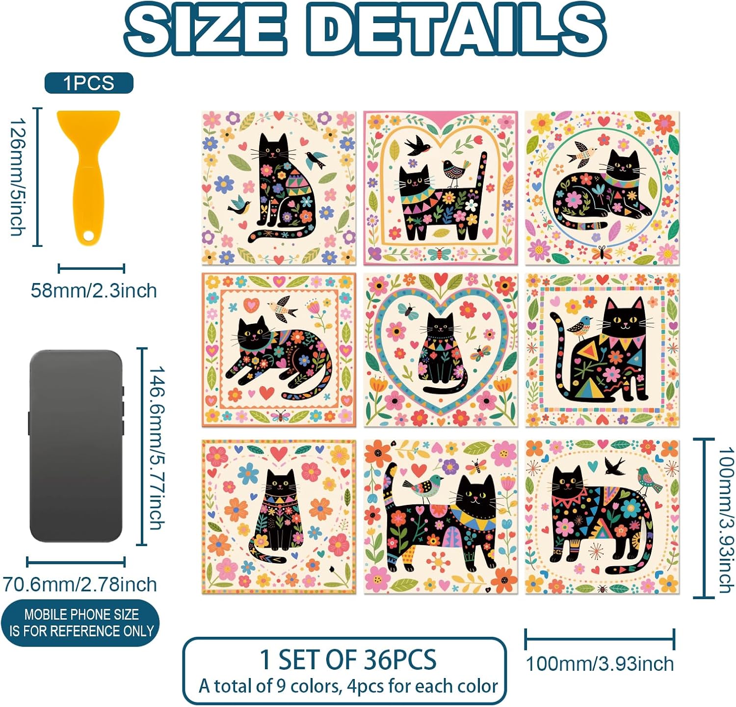 9 Style Tile Stickers Artistic Flowers Peel and Stick Wall Stickers / Black Cats / Set of 36