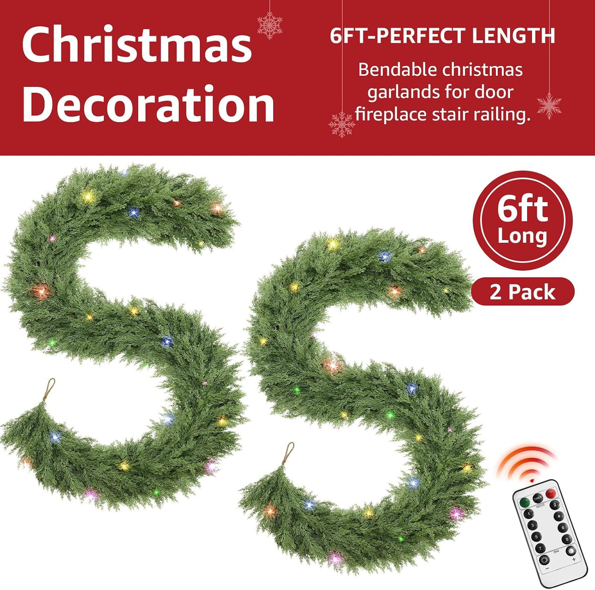 Cedar Christmas Garland for Mantle - 2 Pack Decorations with Lights 6 ft Realistic Lighted Faux Pine Garlands for Xmas