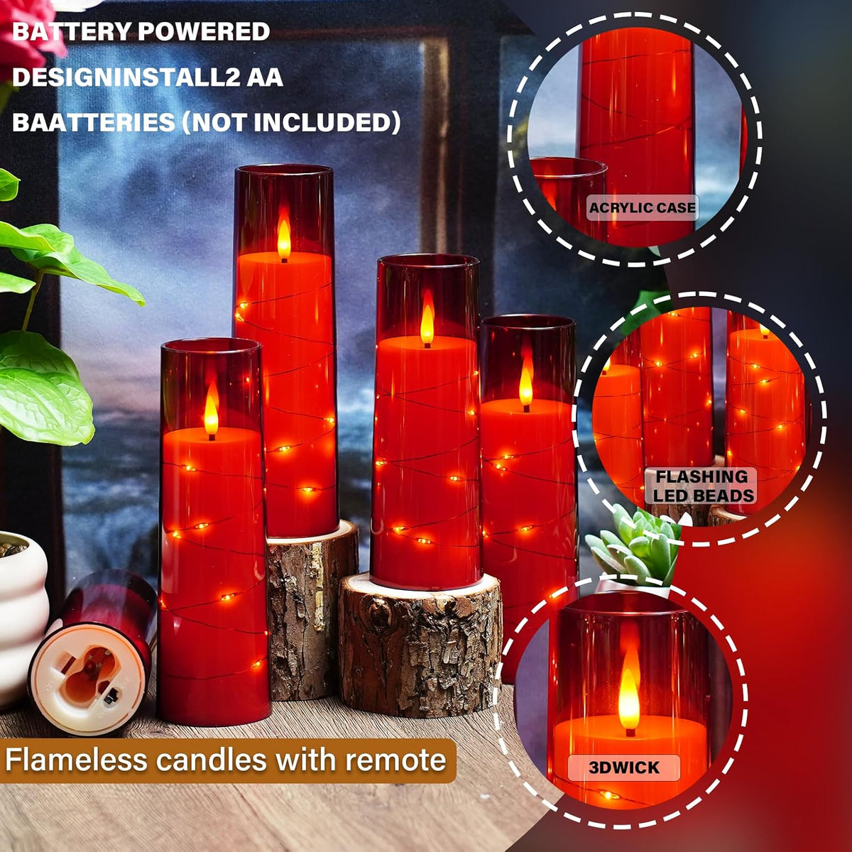Nimiko Flickering Flameless LED Candles,Battery Operated Candles 24 Pcs with Embedded Star String,Acrylic LED Pillar