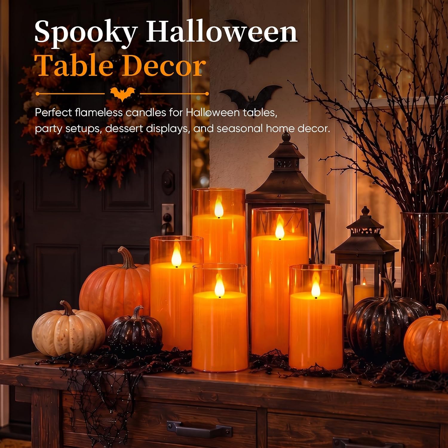 Homemory Halloween Orange Flameless Candles, Battery Operated LED Candles with Remote and Timer, Candles for Halloween