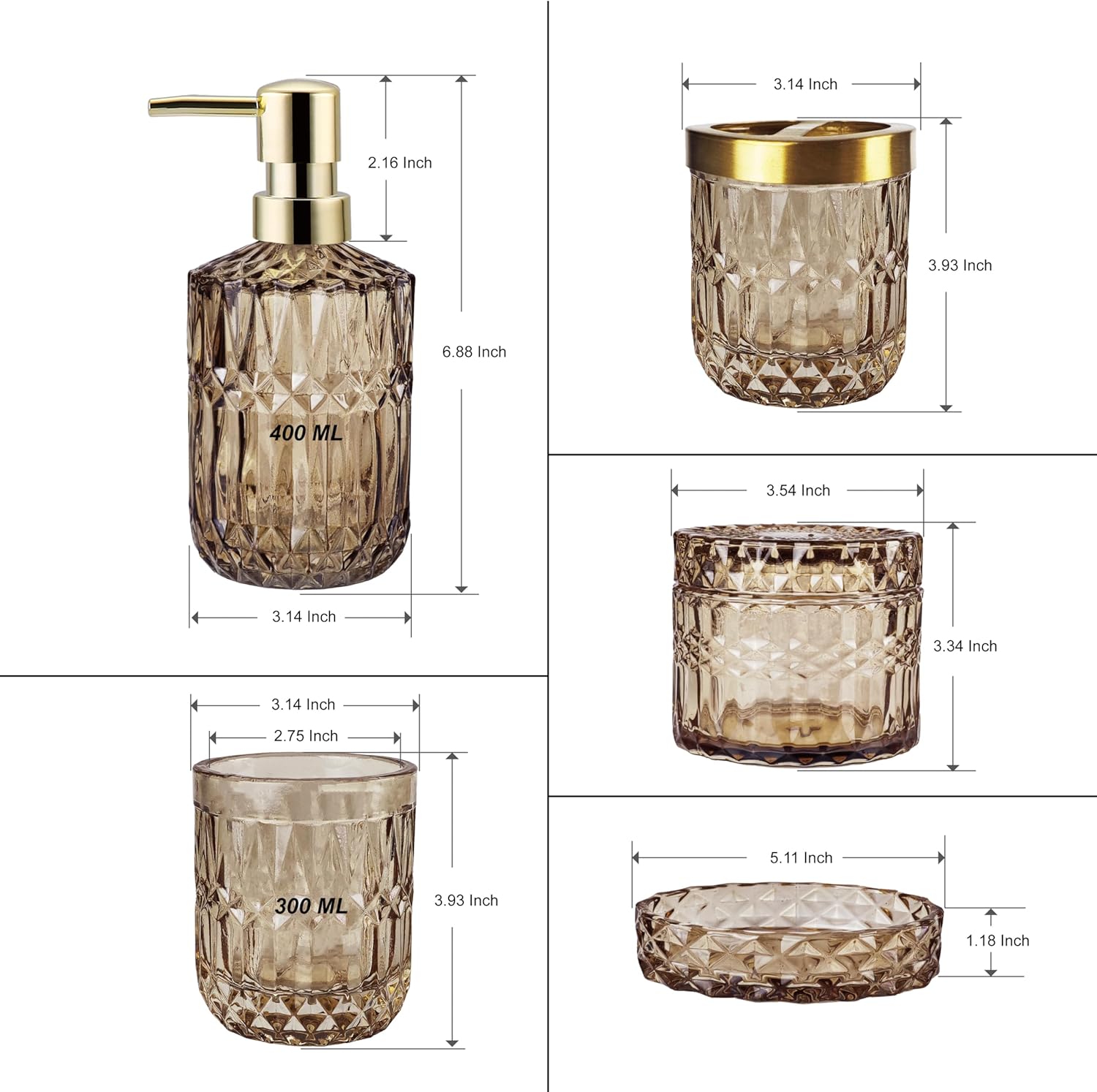 LaMarriti Brown Bathroom Accessories Set, 5Pcs Glass Bathroom Set, Soap Dispenser and Toothbrush Holder Set, Soap Dish