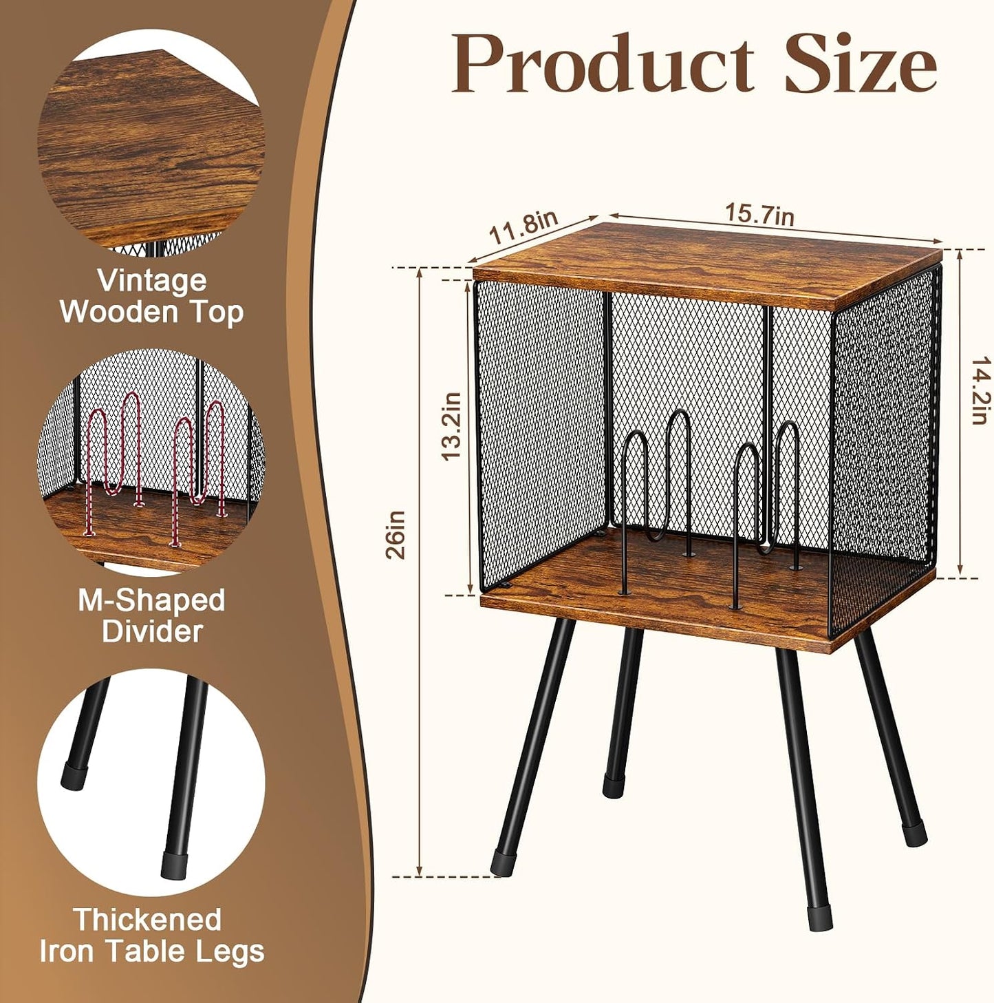 X-cosrack Record Player Stand with Storage up to 100 Albums, Retro Small Vinyl Record Holder - Adjustable Divider