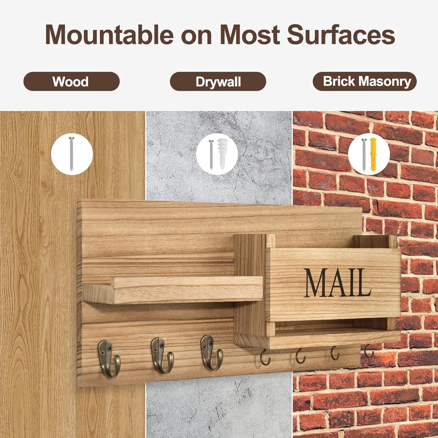 Shelf Includes Letter Holder and Hooks for Hallway Farmhouse / Wood