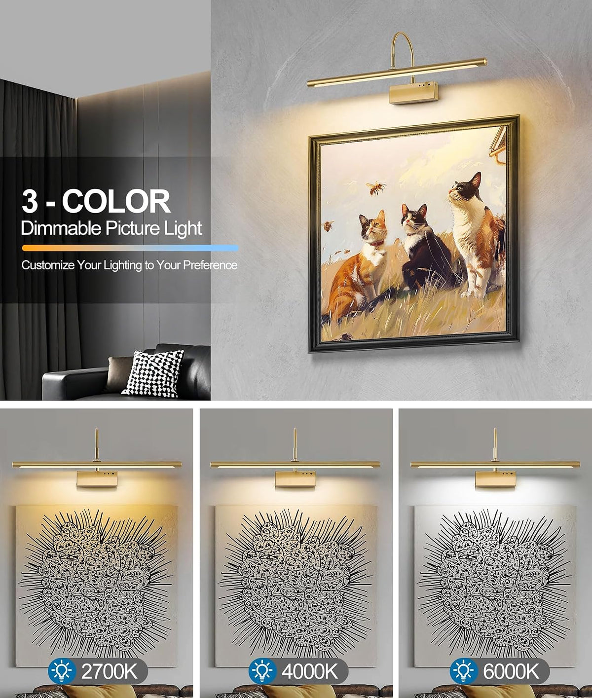Battery Operated Picture Light with Remote, 24 inch Wireless Rechargeable Art Light with Timer, Dimmable 3CCT Gallery