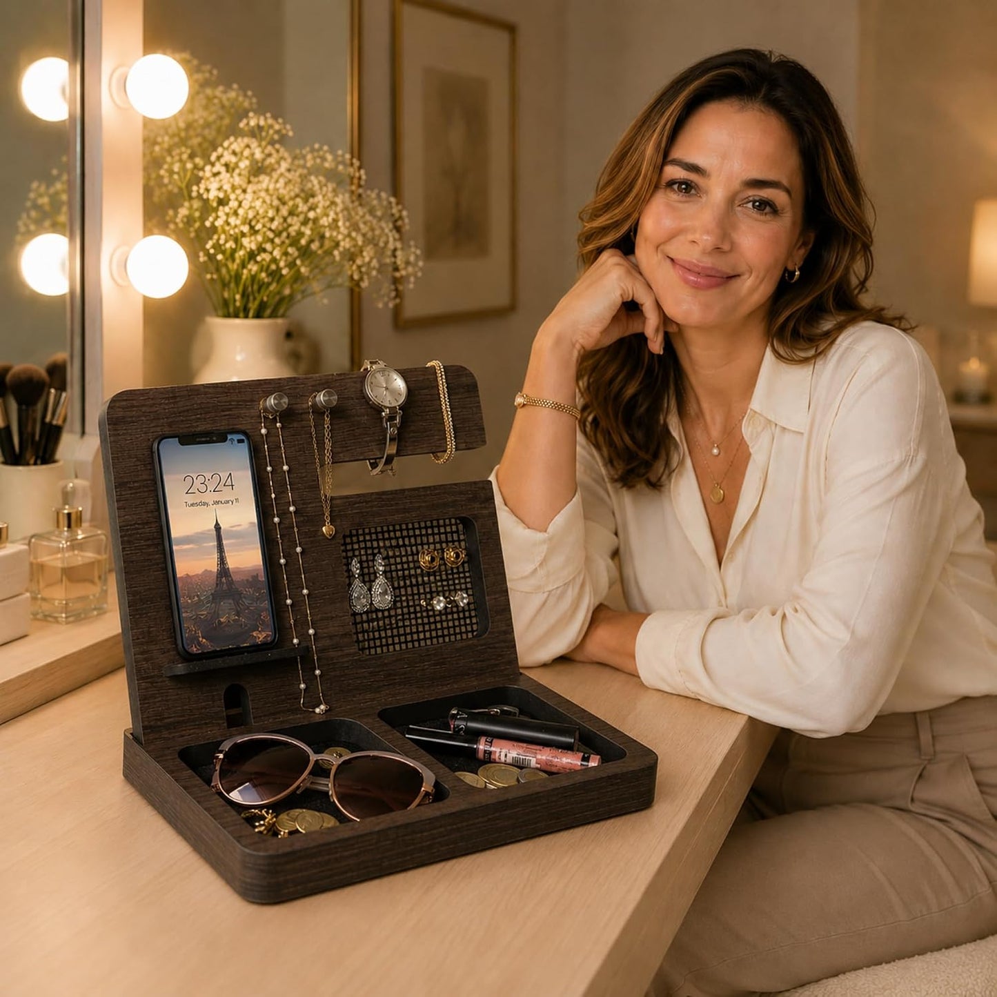 Namore Nightstand Organizer for Women – Wood Phone Docking Station & Jewelry Valet Tray for Phone, Earrings, Wallet &