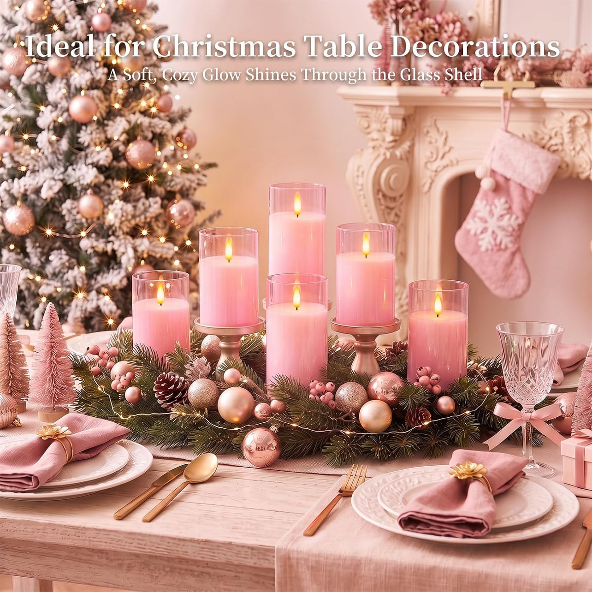 Amagic Pink Glass Flameless LED Candles Battery Operated with Remote Timer | Real Wax Pillar Electric Candle, 3D
