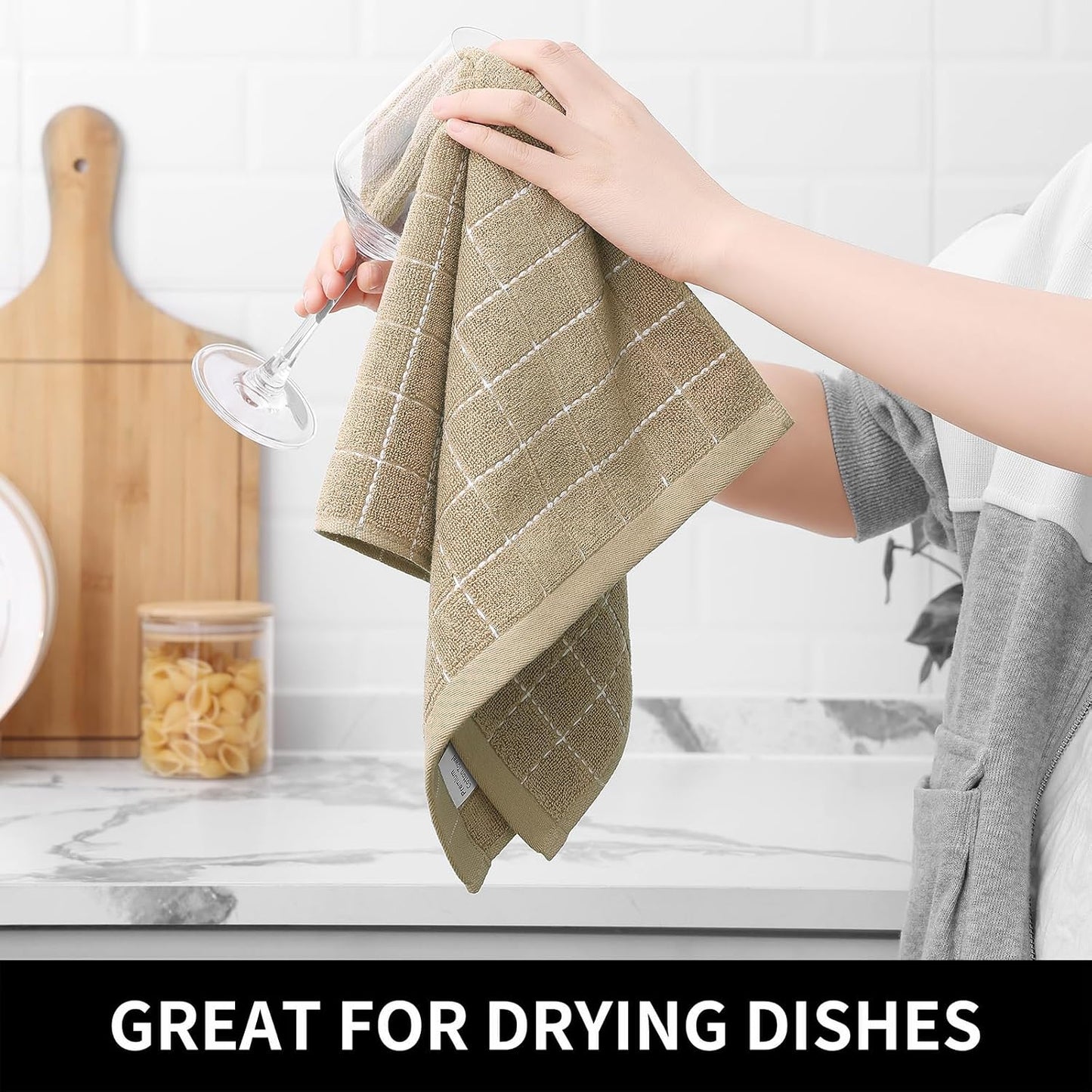 Homaxy Kitchen Towels and Dishcloths Set, Set of 12, Tan | Bulk Cotton Terry Kitchen Towels, Checkered Designed, Soft