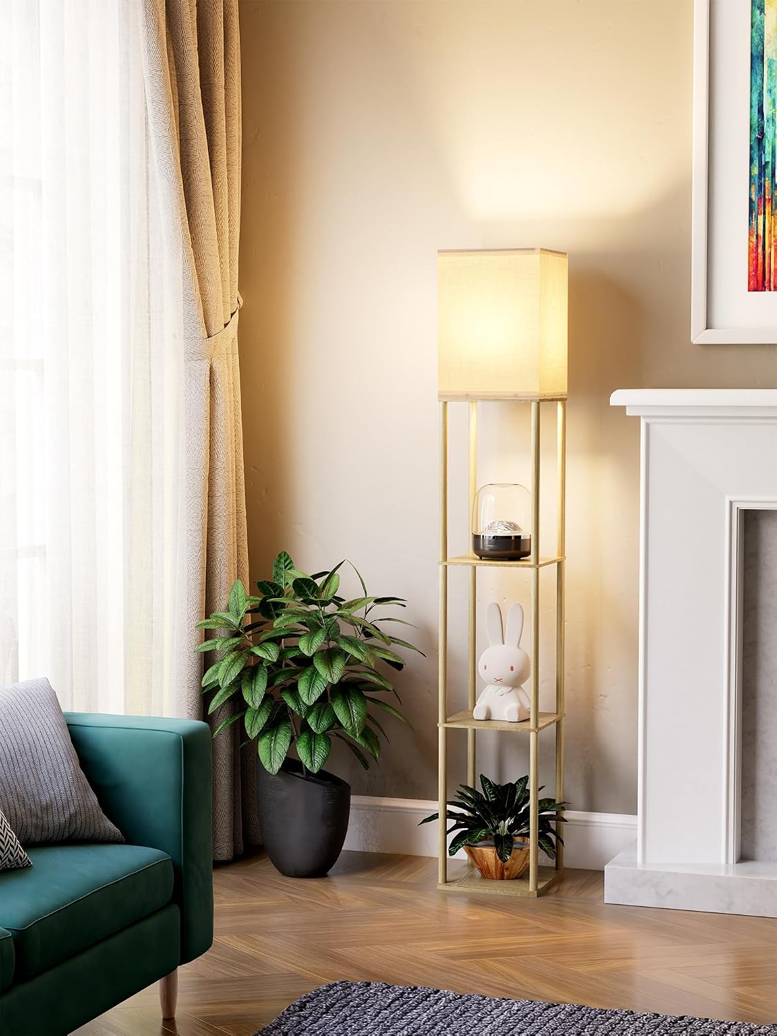 Floor Lamp with Shelves for Living Room Natural Wood, Shelf Floor Lamp with 3 CCT LED Bulb, Corner Display Standing