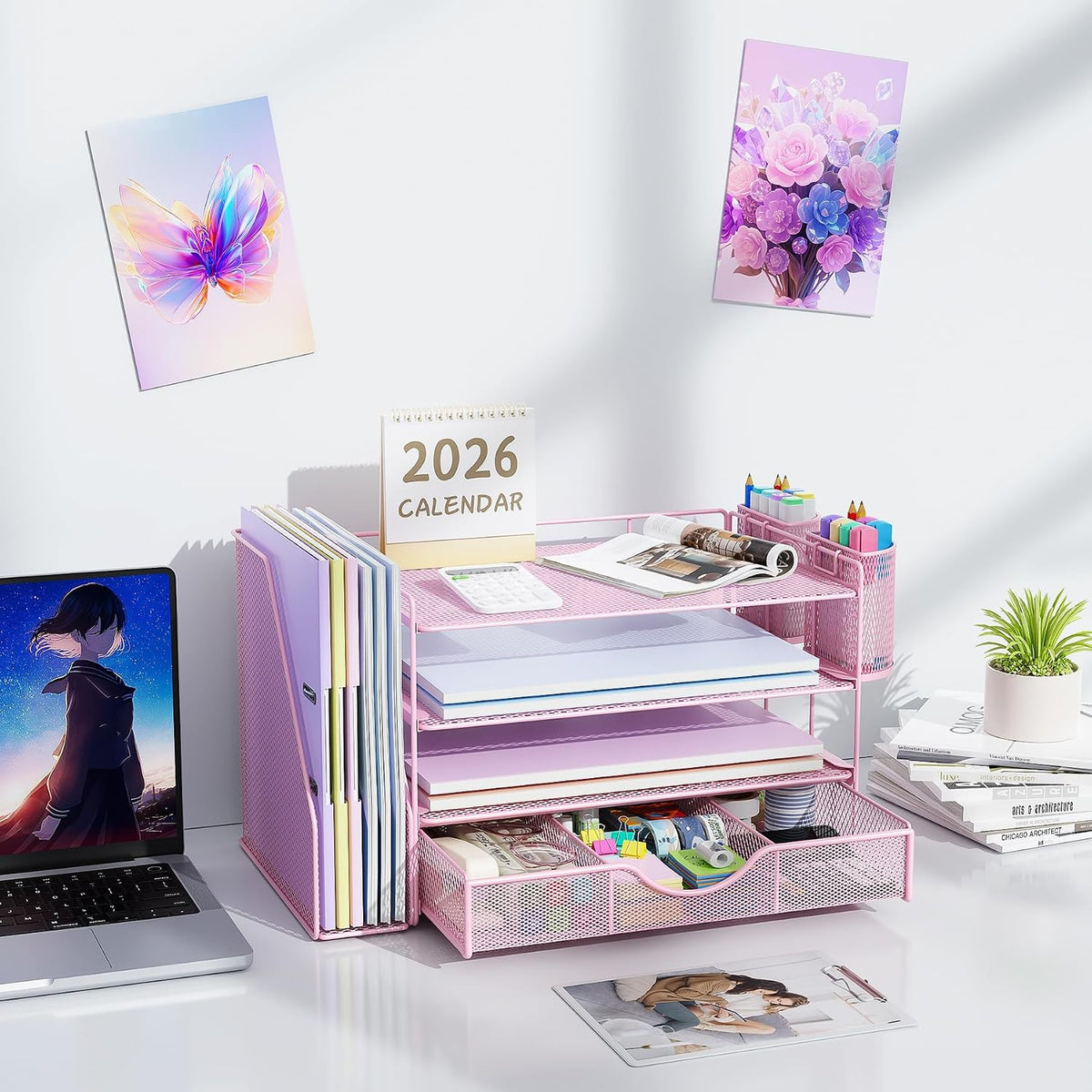gianotter Desk Organizers and Accessories with File Holder, 4-Tier Desk Accessories & Workspace Organizers with Drawer