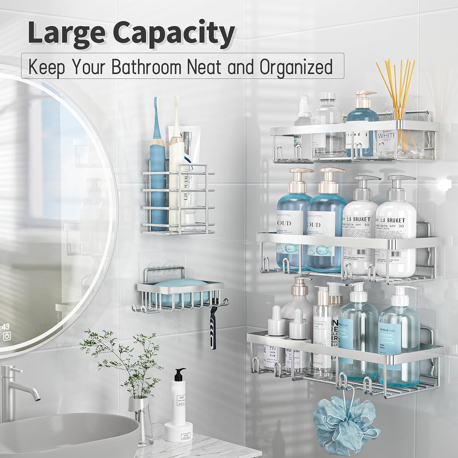 Self Adhesive Bathroom Wall Storage Basket Rustproof / Silver / Set of 5