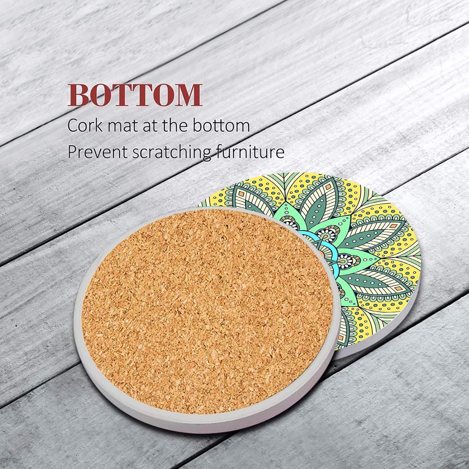 Moroccan Mandala Colorful Green Absorbent Round Ceramic Stone Mat / Bohemian / Pink / Set of 6