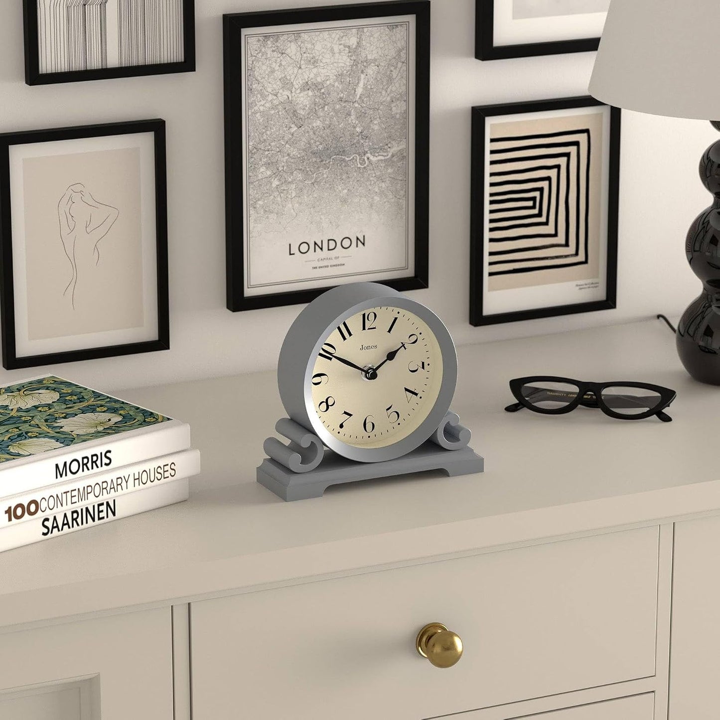JONES CLOCKS® Saloon Mantel Clock | Small Traditional Double Scroll Design | French Navy | Contemporary Classic Style