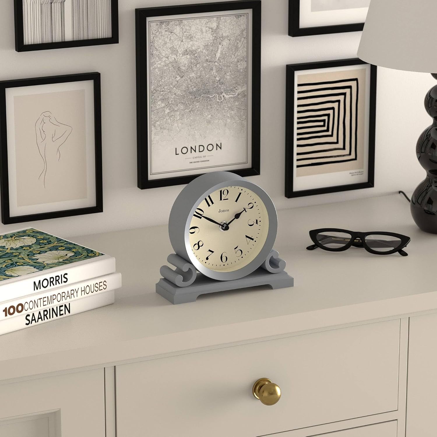 JONES CLOCKS® Saloon Mantel Clock | Small Traditional Double Scroll Design | French Navy | Contemporary Classic Style