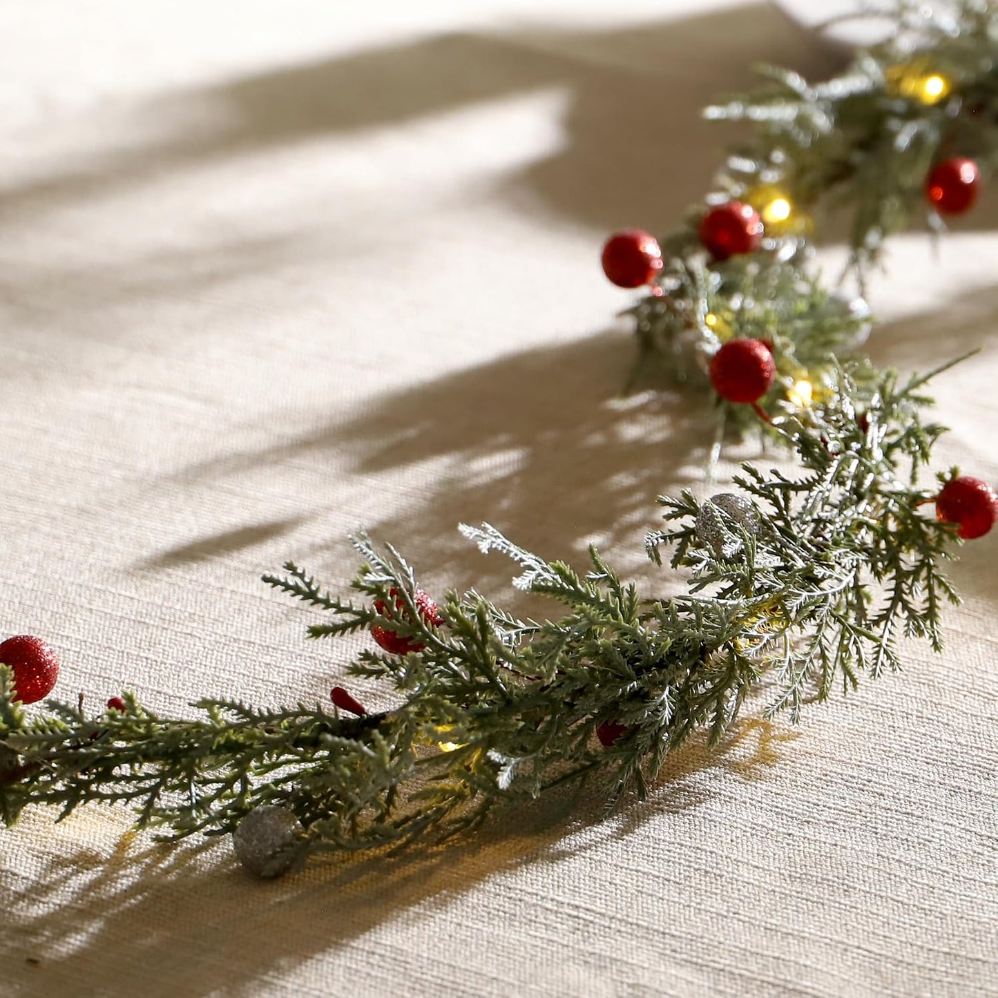 MIYA LIFE Cedar Leaf String Lights & Red/Silver Berry 6.5FT & 25LEDs Lush Christmas Garland with Lights Battery