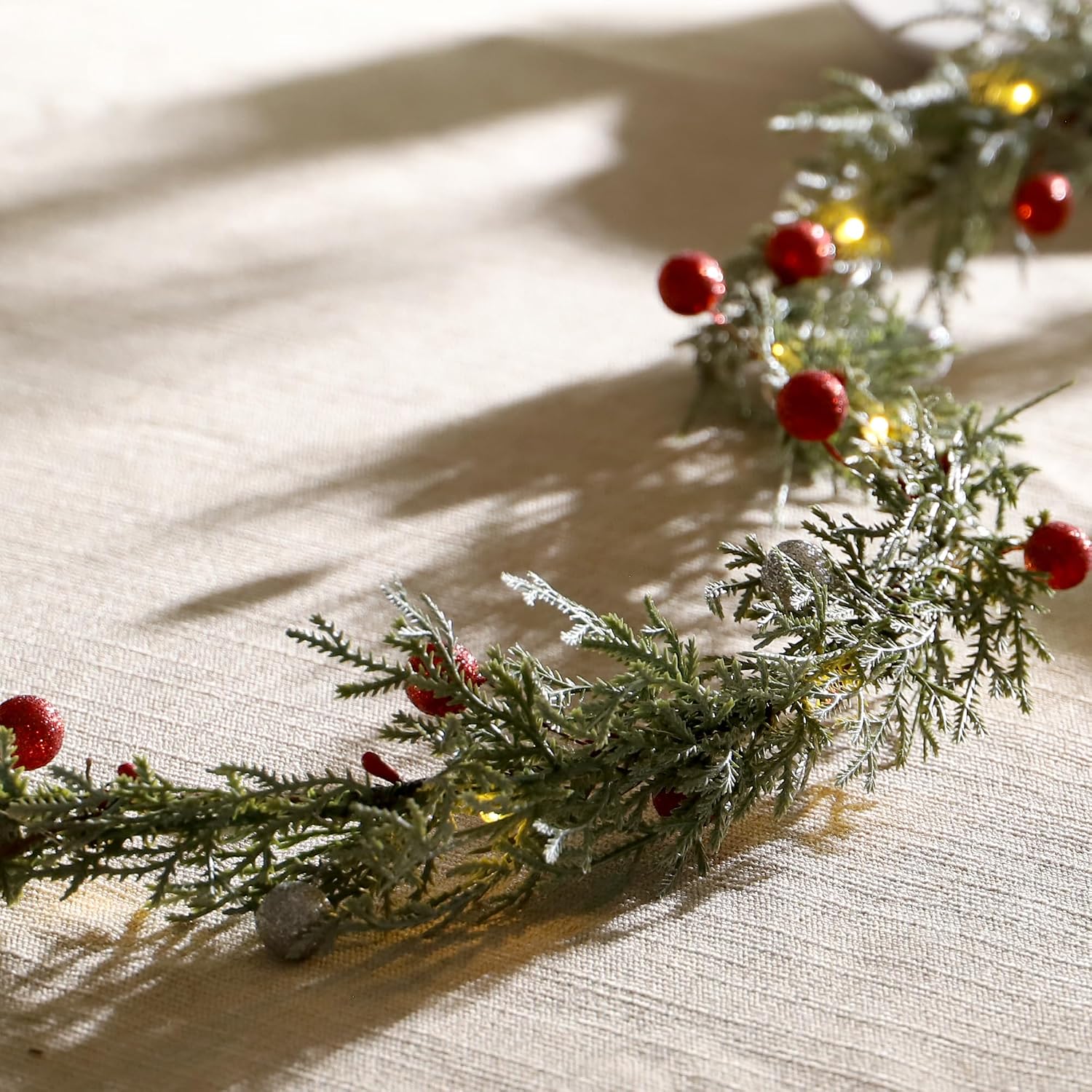 MIYA LIFE Cedar Leaf String Lights & Red/Silver Berry 6.5FT & 25LEDs Lush Christmas Garland with Lights Battery