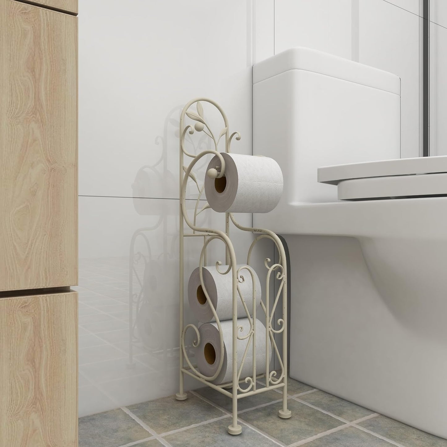 Deco 79 Metal Scroll Toilet Paper Holder with Space to Hold 3 Rolls, 8" x 6" x 24", Cream