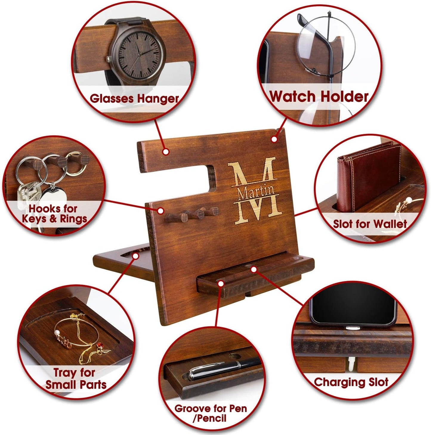 Wood Phone Docking Station for Men Personalized - Hooks Key Holder Wallet Stand Watch Organizer - Gifts for Him Husband