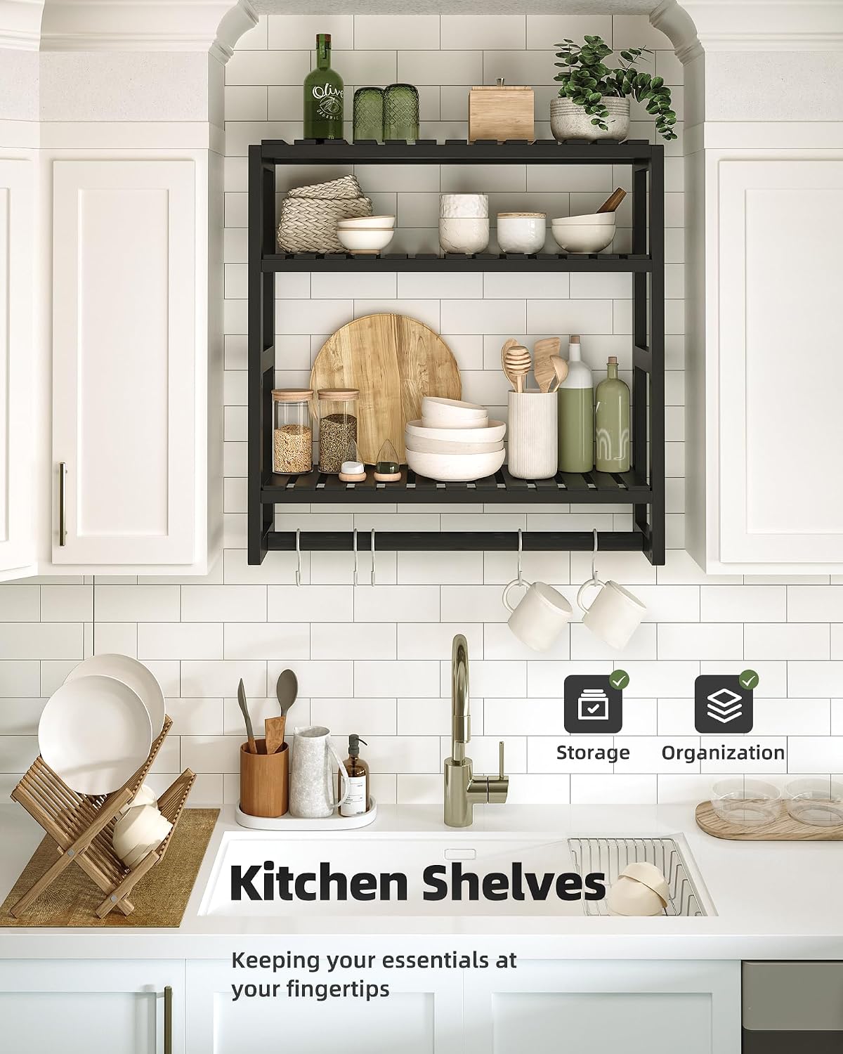 Galood Over The Toilet Storage Bathroom Shelves Wall Mounted 3 Tier Black-L | Space Saver Corner Shelf Organizer Bamboo