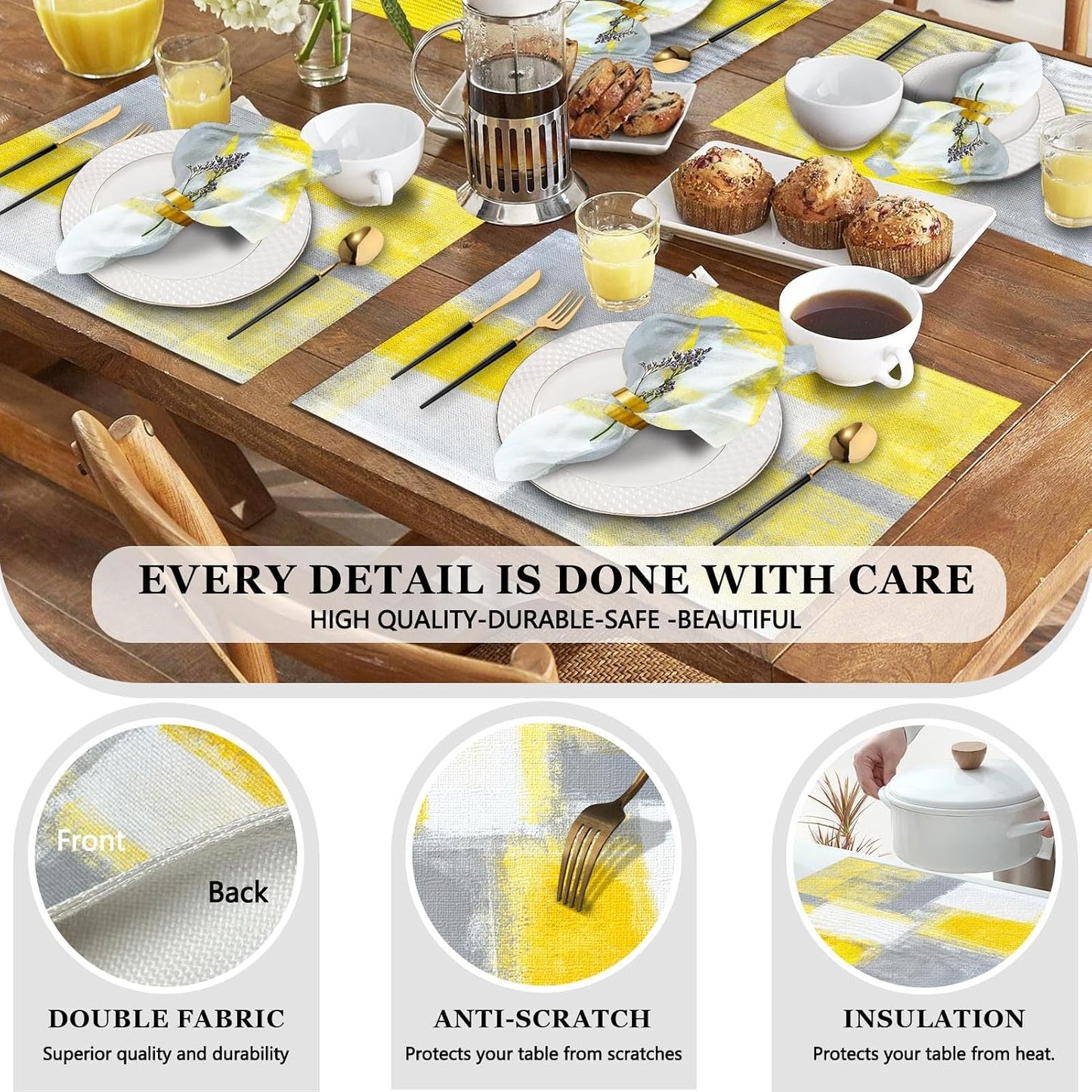 MCALK 4 Each Yellow Placemats and Cloth Napkins Set of 8, Modern Abstract Art Painted Placemat for Home Kitchen Decor
