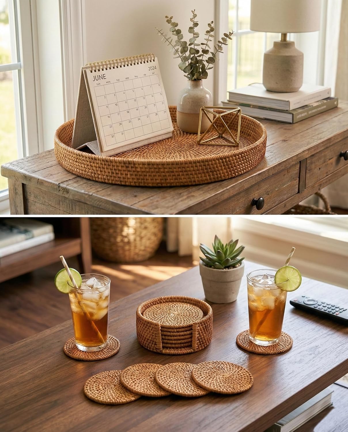 Round Rattan Serving Tray & 6 Coasters Set / Natural